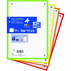 RECAMBIO OXFORD CUARTO A5 100 HOJAS DE 4 COLORES CUADRICULA 5X5 400088